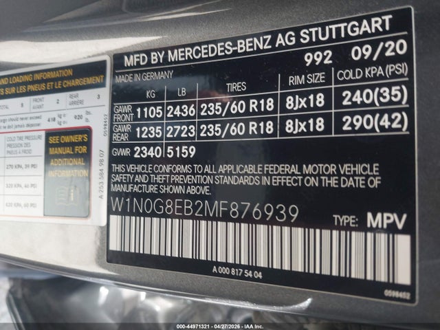 W1N0G8EB2MF876939 Mercedes-Benz Glc 300 4matic Suv