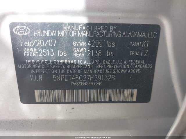 Aukcja sprzedaży 2007 Hyundai Sonata Gls, vin: 5NPET46C27H291328, numer aukcji: 44971330
