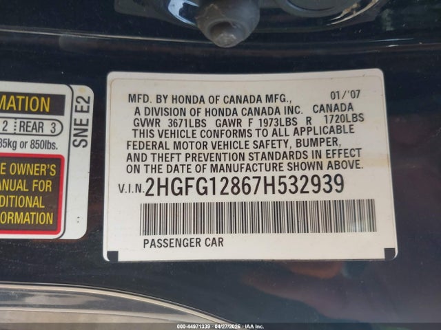 Продаж на аукціоні авто 2007 Honda Civic Ex, vin: 2HGFG12867H532939, номер лоту: 44971339