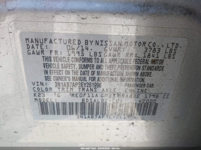 Aukcja sprzedaży 2014 Nissan Sentra Fe+ S/fe+ Sv/s/sl/sr/sv, vin: 3N1AB7AP3EY261996, numer aukcji: 44971344