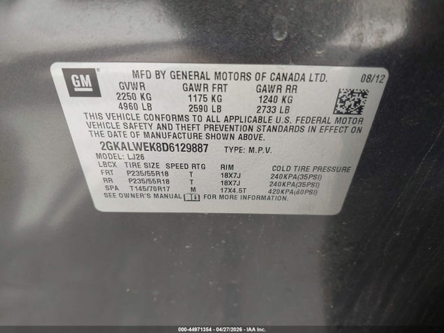 Aukcja sprzedaży 2013 Gmc Terrain Slt-2, vin: 2GKALWEK8D6129887, numer aukcji: 44971354