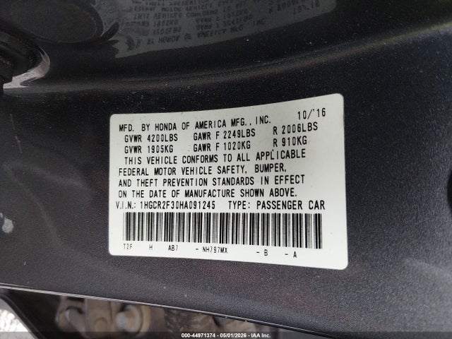 Продажа на аукционе авто 2017 Honda Accord Lx, vin: 1HGCR2F30HA091245, номер лота: 44971374