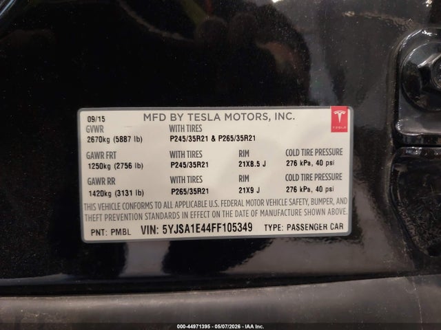 2015 Tesla Model S 85d/p85d მანქანა იყიდება აუქციონზე, vin: 5YJSA1E44FF105349, აუქციონის ნომერი: 44971395