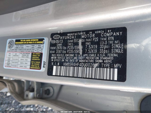 Aukcja sprzedaży 2013 Hyundai Santa Fe Limited, vin: KM8SR4HF4DU002617, numer aukcji: 44971408