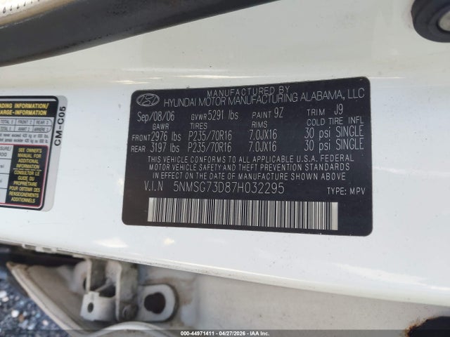 Aukcja sprzedaży 2007 Hyundai Santa Fe Gls, vin: 5NMSG73D87H032295, numer aukcji: 44971411