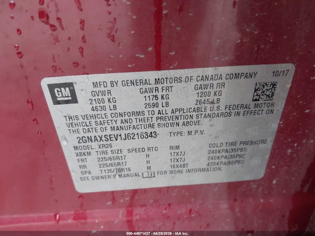 2GNAXSEV1J6216343 Chevrolet EQUINOX LT