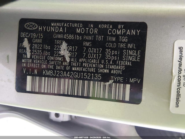 Продаж на аукціоні авто 2016 Hyundai Tucson Se, vin: KM8J23A42GU152135, номер лоту: 44971439