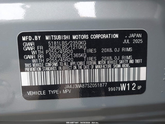Продажа на аукционе авто 2025 Mitsubishi Outlander Sel 2.5 2wd, vin: JA4J3WA87SZ051877, номер лота: 44971441