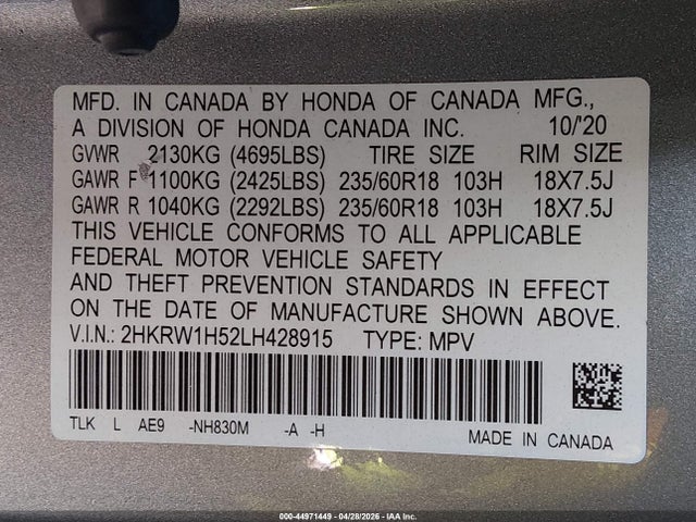 2HKRW1H52LH428915 Honda Cr-v 2wd Ex