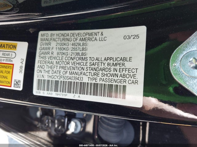 Aukcja sprzedaży 2025 Honda Accord Hybrid Sport, vin: 1HGCY2F50SA039433, numer aukcji: 44971450