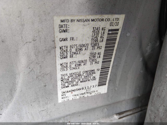 Продажа на аукционе авто 2010 Nissan Armada Platinum, vin: 5N1BA0ND3AN611237, номер лота: 44971454