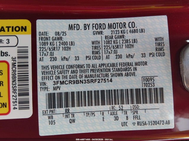 44971455 :رقم المزاد ، 3FMCR9BN3SRF27514 vin ، 2025 Ford Bronco Sport Big Bend مزاد بيع