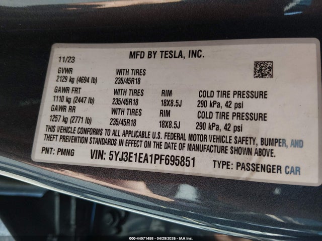 Aukcja sprzedaży 2023 Tesla Model 3 Rear-wheel Drive, vin: 5YJ3E1EA1PF695851, numer aukcji: 44971458