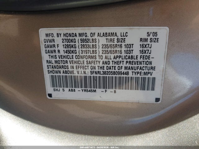 Aukcja sprzedaży 2005 Honda Odyssey Lx, vin: 5FNRL38205B099448, numer aukcji: 44971473