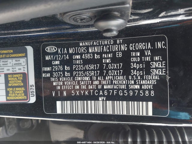 2015 Kia Sorento Lx მანქანა იყიდება აუქციონზე, vin: 5XYKTCA67FG597588, აუქციონის ნომერი: 44971484