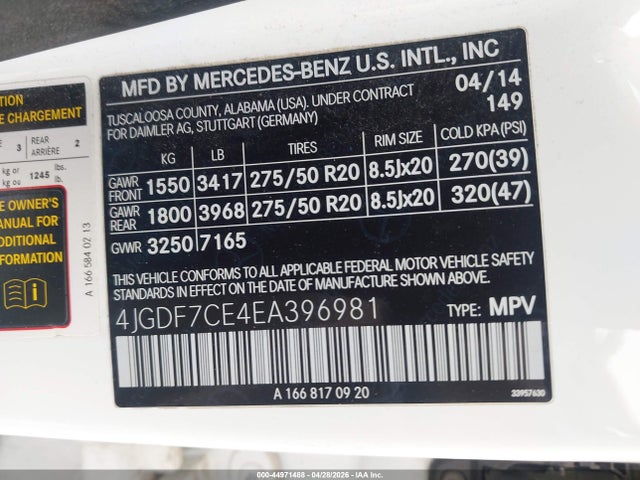 Aukcja sprzedaży 2014 Mercedes-benz Gl 450 4matic, vin: 4JGDF7CE4EA396981, numer aukcji: 44971488