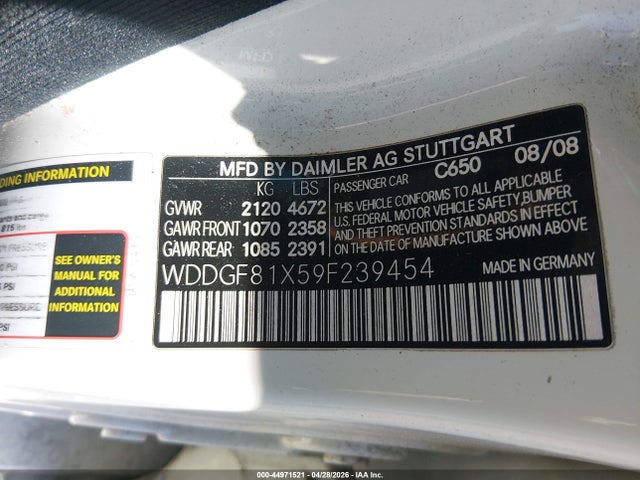 44971521 :رقم المزاد ، WDDGF81X59F239454 vin ، 2009 Mercedes-benz C 300 Luxury 4matic/sport 4matic مزاد بيع