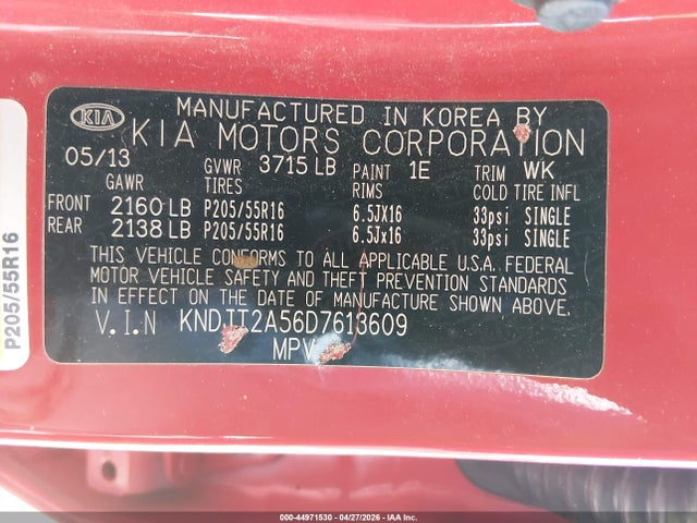44971530 :رقم المزاد ، KNDJT2A56D7613609 vin ، 2013 Kia Soul مزاد بيع