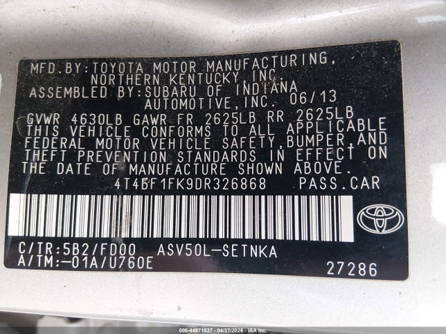 2013 Toyota Camry Le მანქანა იყიდება აუქციონზე, vin: 4T4BF1FK9DR326868, აუქციონის ნომერი: 44971537