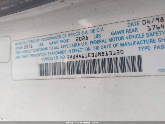 Aukcja sprzedaży 1998 Volkswagen Cabrio Gls, vin: 3VWBA61E3WM813130, numer aukcji: 44971540