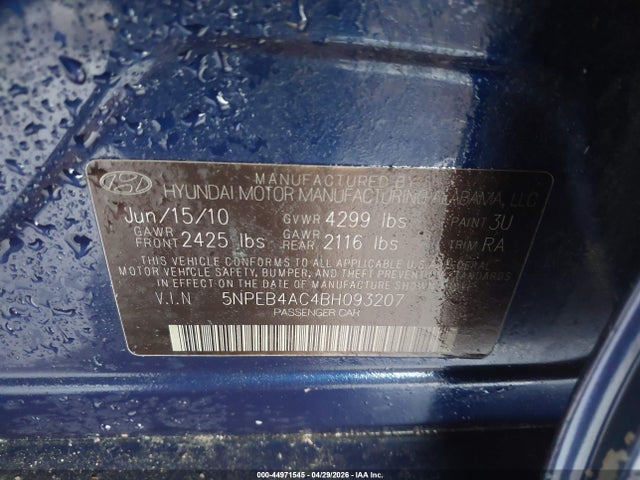 44971545 :رقم المزاد ، 5NPEB4AC4BH093207 vin ، 2011 Hyundai Sonata Gls مزاد بيع