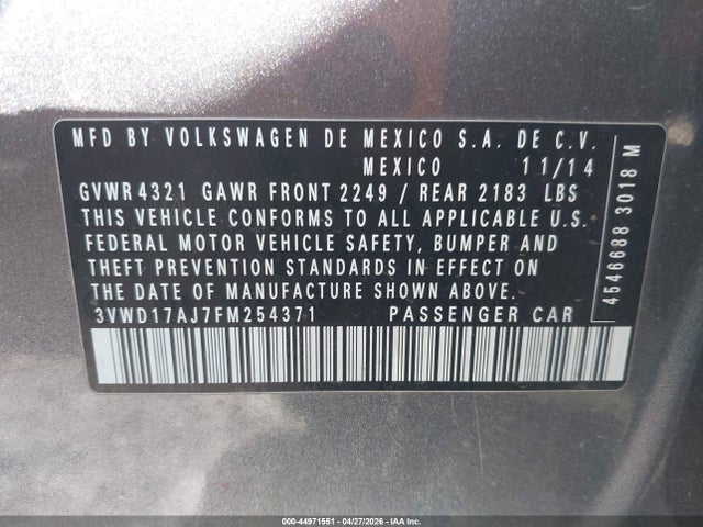 Продаж на аукціоні авто 2015 Volkswagen Jetta 1.8t Se, vin: 3VWD17AJ7FM254371, номер лоту: 44971551