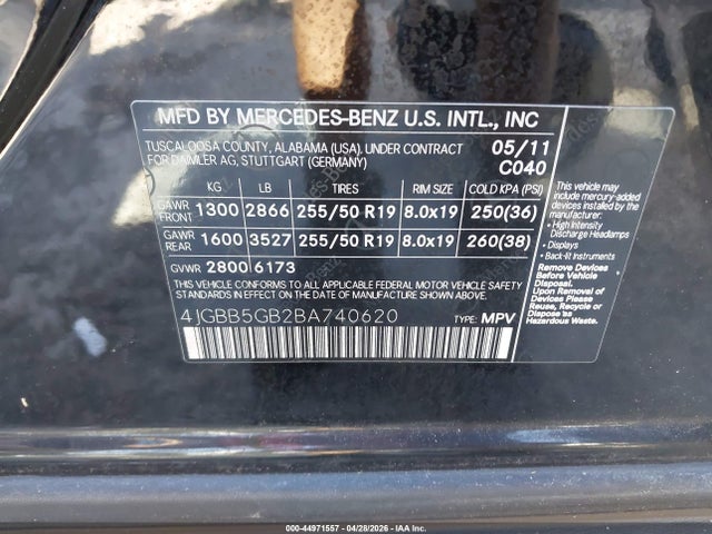 Продажа на аукционе авто 2011 Mercedes-benz Ml 350, vin: 4JGBB5GB2BA740620, номер лота: 44971557
