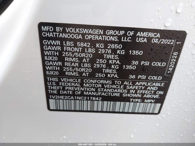 Продаж на аукціоні авто 2022 Volkswagen Atlas Cross Sport 3.6l V6 Se W/technology, vin: 1V2HE2CA1NC217842, номер лоту: 44971561