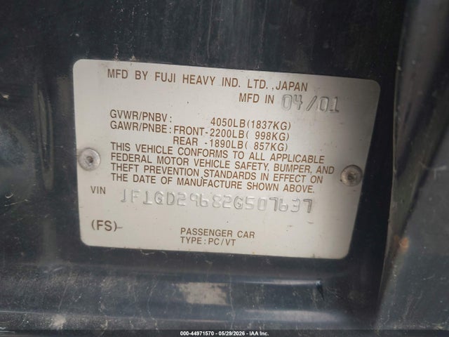 Aukcja sprzedaży 2002 Subaru Impreza Wrx, vin: JF1GD29682G507637, numer aukcji: 44971570