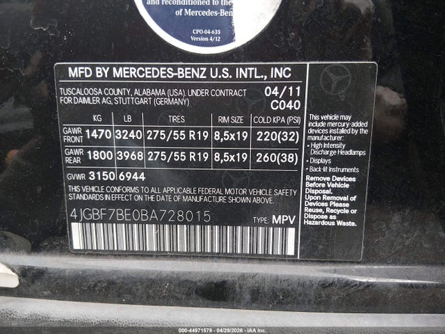 Продаж на аукціоні авто 2011 Mercedes-benz Gl 450 4matic, vin: 4JGBF7BE0BA728015, номер лоту: 44971579