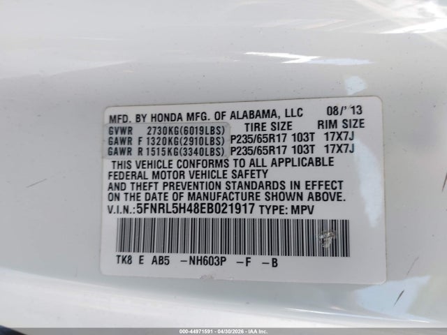 Продажа на аукционе авто 2014 Honda Odyssey Ex, vin: 5FNRL5H48EB021917, номер лота: 44971591