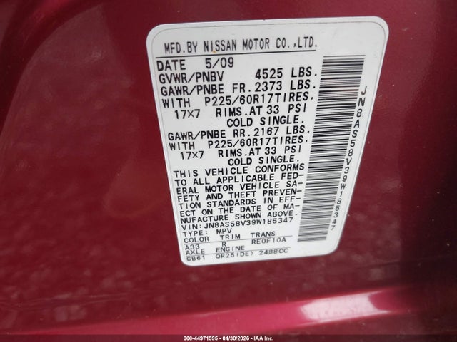 44971595 :رقم المزاد ، JN8AS58V39W185347 vin ، 2009 Nissan Rogue Sl مزاد بيع