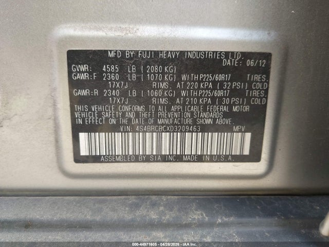 2013 Subaru Outback 2.5i Premium მანქანა იყიდება აუქციონზე, vin: 4S4BRCBCXD3209463, აუქციონის ნომერი: 44971605
