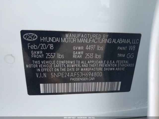 Aukcja sprzedaży 2018 Hyundai Sonata Se, vin: 5NPE24AF5JH694800, numer aukcji: 44971627