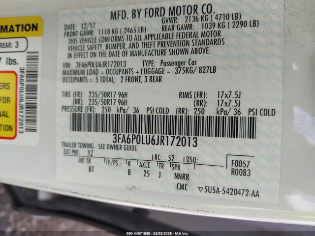 Aukcja sprzedaży 2018 Ford Fusion Hybrid Se, vin: 3FA6P0LU6JR172013, numer aukcji: 44971630