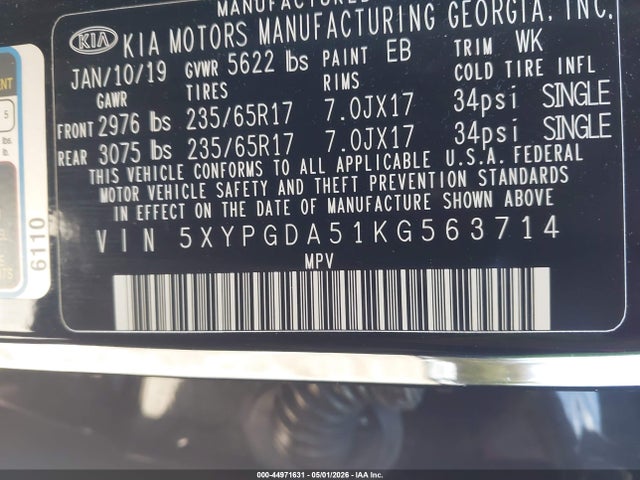 5XYPGDA51KG563714 KIA Sorento 3.3l Lx