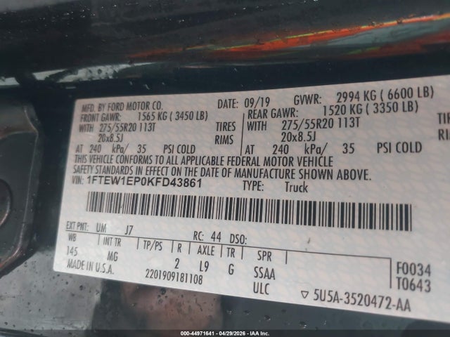 Aukcja sprzedaży 2019 Ford F-150 Xlt, vin: 1FTEW1EP0KFD43861, numer aukcji: 44971641