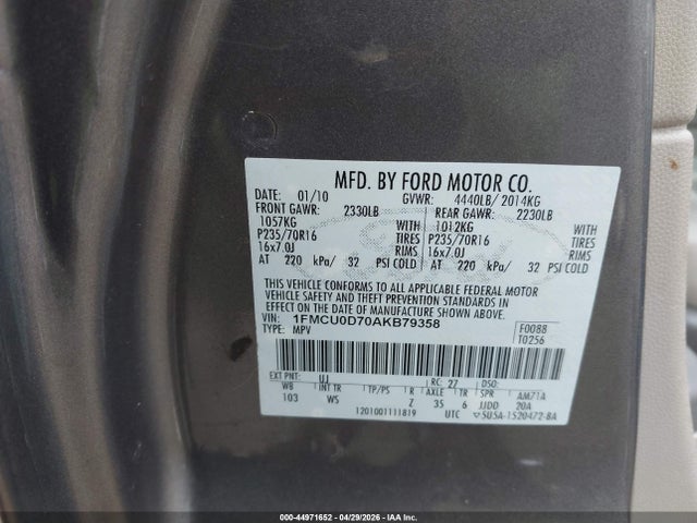 2010 Ford Escape Xlt მანქანა იყიდება აუქციონზე, vin: 1FMCU0D70AKB79358, აუქციონის ნომერი: 44971652