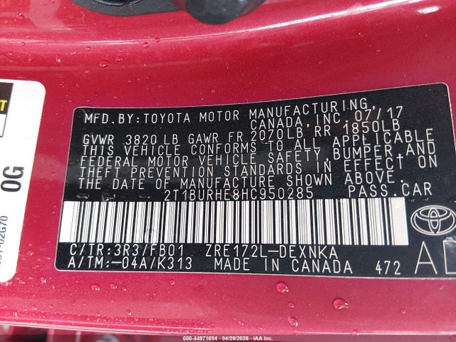 44971654 :رقم المزاد ، 2T1BURHE8HC950285 vin ، 2017 Toyota Corolla Le مزاد بيع