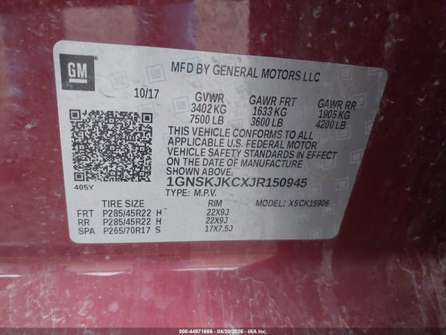 44971666 :رقم المزاد ، 1GNSKJKCXJR150945 vin ، 2018 Chevrolet Suburban Premier مزاد بيع