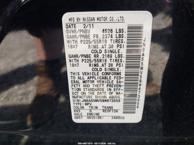 44971670 :رقم المزاد ، JN8AS5MV5BW673856 vin ، 2011 Nissan Rogue Sv مزاد بيع