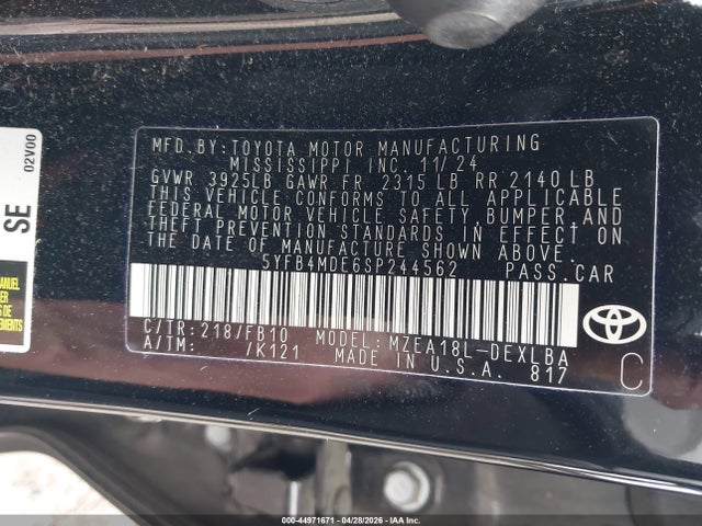 Aukcja sprzedaży 2025 Toyota Corolla Le, vin: 5YFB4MDE6SP244562, numer aukcji: 44971671