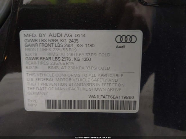 Aukcja sprzedaży 2014 Audi Q5 2.0t Premium, vin: WA1LFAFP6EA119866, numer aukcji: 44971680