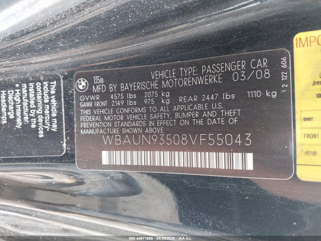 Продажа на аукционе авто 2008 Bmw 135i, vin: WBAUN93508VF55043, номер лота: 44971686