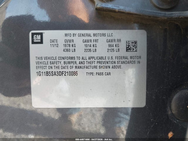 Продажа на аукционе авто 2013 Chevrolet Malibu 1ls, vin: 1G11B5SA3DF210086, номер лота: 44971690
