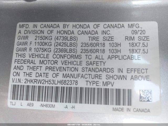 44971705 :رقم المزاد ، 2HKRW2H53LH682378 vin ، 2020 Honda Cr-v Awd Ex مزاد بيع