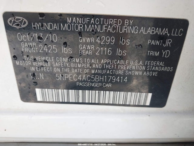 2011 Hyundai Sonata Limited მანქანა იყიდება აუქციონზე, vin: 5NPEC4AC5BH179414, აუქციონის ნომერი: 44971710