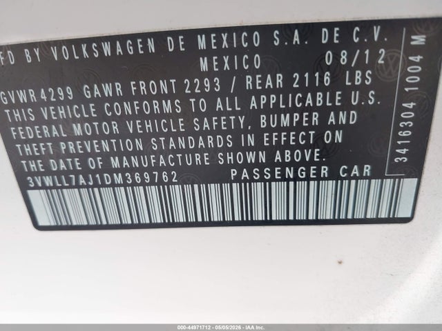 44971712 :رقم المزاد ، 3VWLL7AJ1DM369762 vin ، 2013 Volkswagen Jetta 2.0l Tdi مزاد بيع