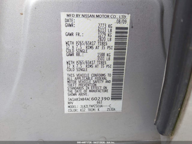 44971726 :رقم المزاد ، 5N1AR1NB4AC602390 vin ، 2010 Nissan Pathfinder Se مزاد بيع