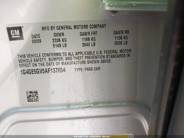 44971746 :رقم المزاد ، 1G4GE5GV5AF137654 vin ، 2010 Buick Lacrosse Cxs مزاد بيع